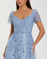 Blue Embroidered Beaded A-Line Gown with Overskirt